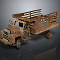 Old Rusty Truck with Open Bed and Wooden Rails on Dark Background