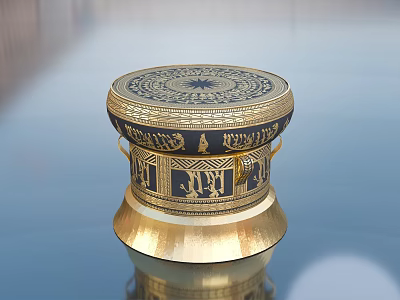 Intricately Carved Sculpted Decorative Box With Gold Blue Patterns And Handles 3d model