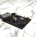 Organized Office Supplies On Black Tray With Marble Background And Desk Accessories