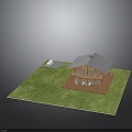 Wooden Cabin With Gray Roof Terrace And White Car On Green Grass Surroundings