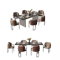 Modern Dining Table Set With Marble Top Metal Frame And Upholstered Chairs 3d model
