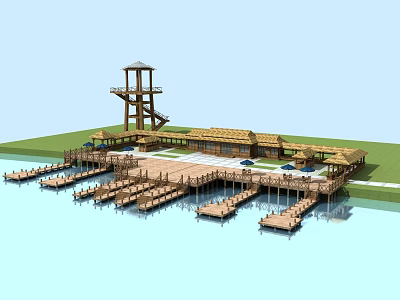 Scenic Lakeside View With Wooden Docks Tower Piers And Green Lawns 3d model