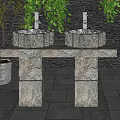 Two Stone Washbasins on Natural Stone Countertop With Green Vines and Brick Wall Background