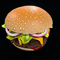 Delicious Juicy Hamburger with Sesame Seed Bun Fresh Lettuce Red Onion Tomato and Melted Cheese