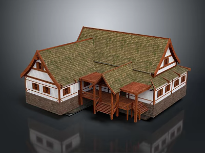Traditional House Exterior With Green Roof White Walls And Wooden Porch Steps 3d model