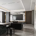 Modern Living And Dining Room Interior With Black Sofa Coffee Table Plants And Marble Floor
