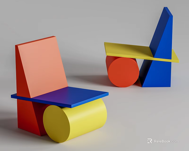 Modern Geometric Accent Chair With Red Blue Yellow Color Blocks And Abstract Structure Design 3d model 