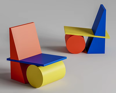 Modern Geometric Accent Chair With Red Blue Yellow Color Blocks And Abstract Structure Design 3d model