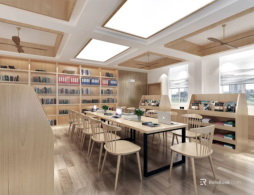 Warm Book Art Library Interior Design With Wooden Shelves Bright Lighting And Cozy Seats 3d model 