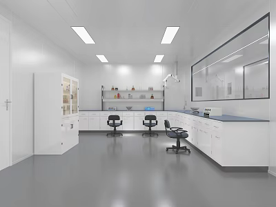 Modern Laboratory Interior Design With White Benches Chairs Shelves And Equipment 3d model