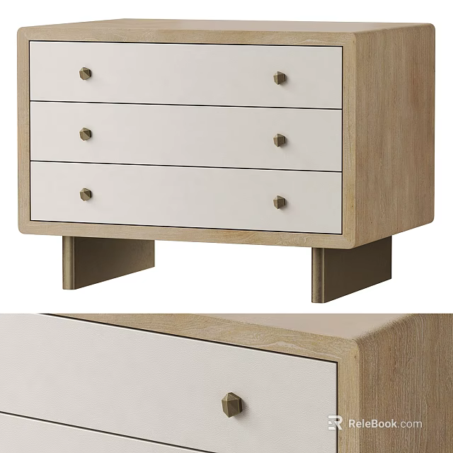 Modern Bedside Table With Three White Drawers Light Wood Frame And Brass Knobs Sleek Design 3d model