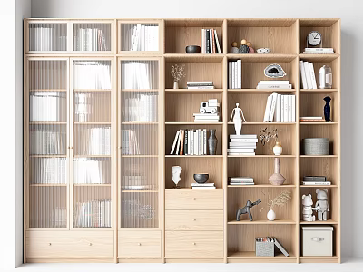 Modern Wooden Bookcase With Open Shelves Books Decorative Vases Figurines And Drawers 3d model