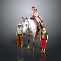 Man Wearing Cowboy Hat Standing Next to Horse with Two Children Riding and Woman Beside