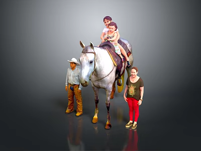 Man Wearing Cowboy Hat Standing Next to Horse with Two Children Riding and Woman Beside 3d model