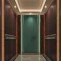 Elegant Elevator Interior Featuring Wooden Walls Green Patterned Panel and Ceiling Lighting Design 3d model