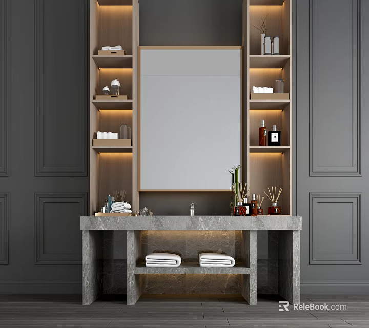 Modern Bathroom Vanity With Marble Countertop Mirror Lit Shelves Towels Gray Walls 3d model 