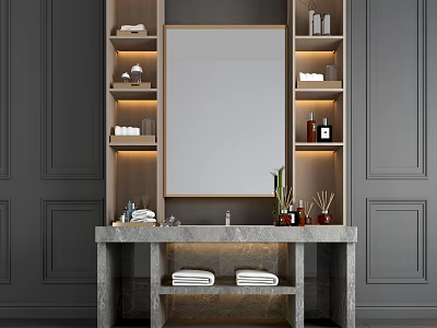 Modern Bathroom Vanity With Marble Countertop Mirror Lit Shelves Towels Gray Walls 3d model