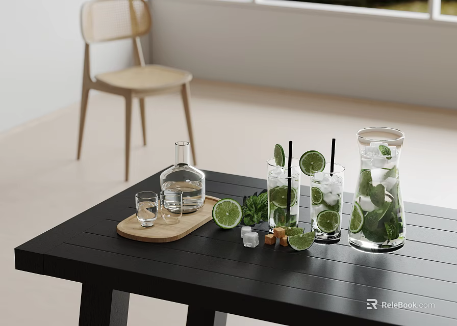 Decorative Ornament Set for Tabletop with Wooden Tray Glass Bottle Cups Lime Slices Ice Cubes 3d model 