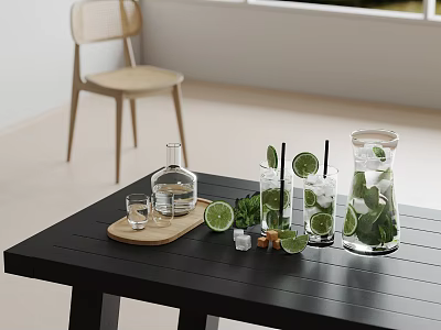 Decorative Ornament Set for Tabletop with Wooden Tray Glass Bottle Cups Lime Slices Ice Cubes 3d model