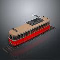 Vintage Red Tram With Beige Top On Tracks And Overhead Wires