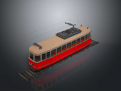 Vintage Red Tram With Beige Top On Tracks And Overhead Wires 3d model