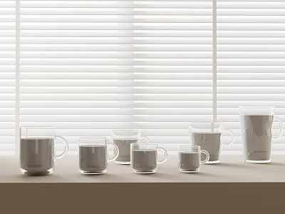 Multiple Transparent Glass Cups on Countertop by Window with White Blinds Background 3d model