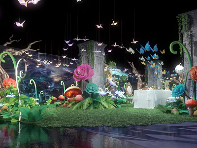 Magical Garden Decorative Scene With Large Flowers Paper Cranes Mushrooms And Tables 3d model