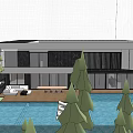 Elegant Modern Detached Villa Exterior With Glass Windows Wooden Garage And Palm Trees