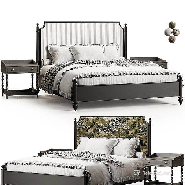 Double Bed With Classic Black Frame Bedside Tables And Cozy Bedding 3d model 