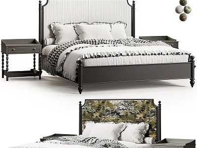 Double Bed With Classic Black Frame Bedside Tables And Cozy Bedding 3d model