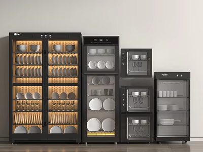 Haier Black Kitchen Storage Cabinets With Glass Doors And Interior Lighting For Dishes Cups 3d model