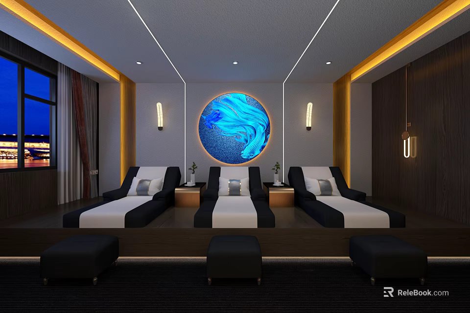 Modern SPA Sauna Interior With Comfortable Lounge Chairs Round Decorative Art And Soft Lighting 3d model 
