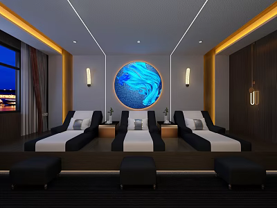 Modern SPA Sauna Interior With Comfortable Lounge Chairs Round Decorative Art And Soft Lighting 3d model