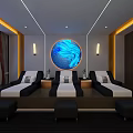 Modern SPA Sauna Interior With Comfortable Lounge Chairs Round Decorative Art And Soft Lighting