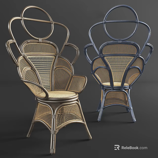 Unique Single Chair With Woven Rattan Gold And Blue Curved Frame Design 3d model 