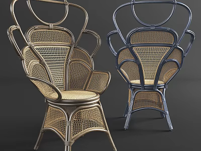Unique Single Chair With Woven Rattan Gold And Blue Curved Frame Design 3d model