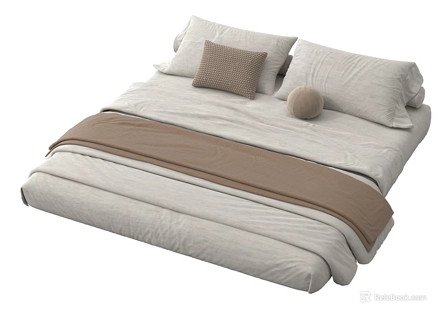 Minimalist Double Bed With Light Colored Sheets Brown Throw Pillow And Round Cushion 3d model