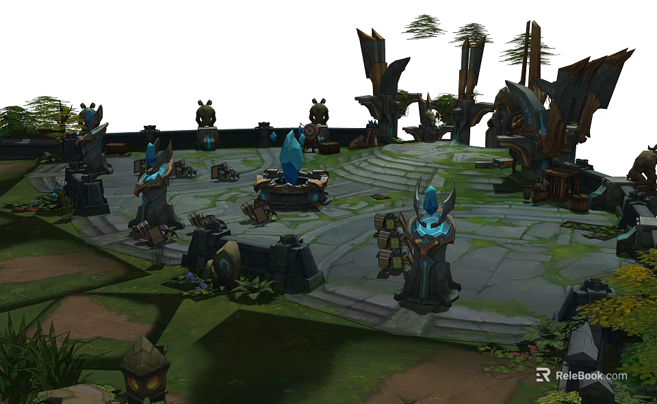 Cartoon Scene With Stone Steps Characters Decorative Structures Trees And Blue Flames 3d model 
