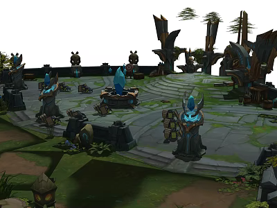 Cartoon Scene With Stone Steps Characters Decorative Structures Trees And Blue Flames 3d model