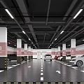 Clean Modern Parking Garage With Ceiling Lights Directional Arrows Columns And Parked Cars