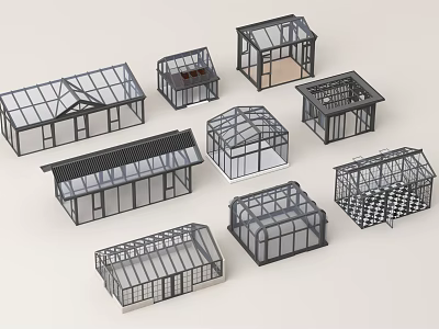 Diverse Designed Outdoor Canopies with Metal Frames Transparent Roofs and Various Shapes 3d model