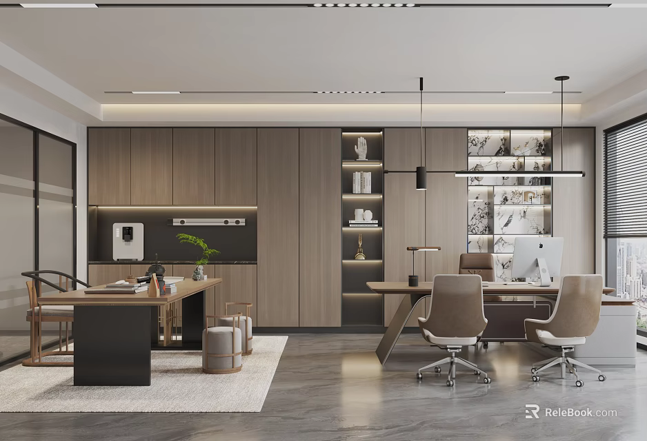 Modern Minimalist Office Interior With Wooden Desk Ergonomic Chairs And Bookshelves 3d model 