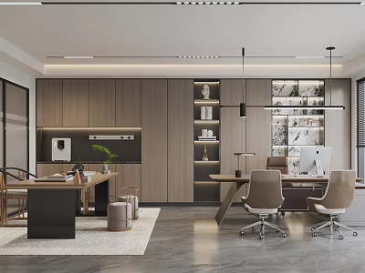 Modern Minimalist Office Interior With Wooden Desk Ergonomic Chairs And Bookshelves 3d model