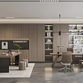 Modern Minimalist Office Interior With Wooden Desk Ergonomic Chairs And Bookshelves
