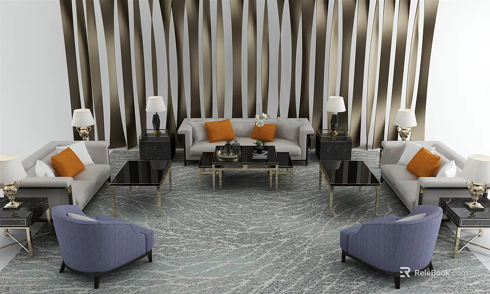 Elegant Modern Sofa Coffee Table Set With Orange Cushions Metal Frame Floor Lamps Striped Wall 3d model 