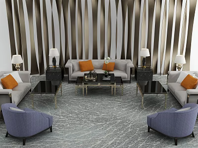 Elegant Modern Sofa Coffee Table Set With Orange Cushions Metal Frame Floor Lamps Striped Wall 3d model