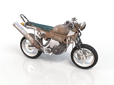Rusted Vintage Motorcycle With Green Seat Silver Exhaust Black Tires And Metallic Body 3d model