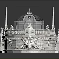 3D Architectural Model of Classical Building Featuring Symmetrical Design Spires and Courtyard Layout