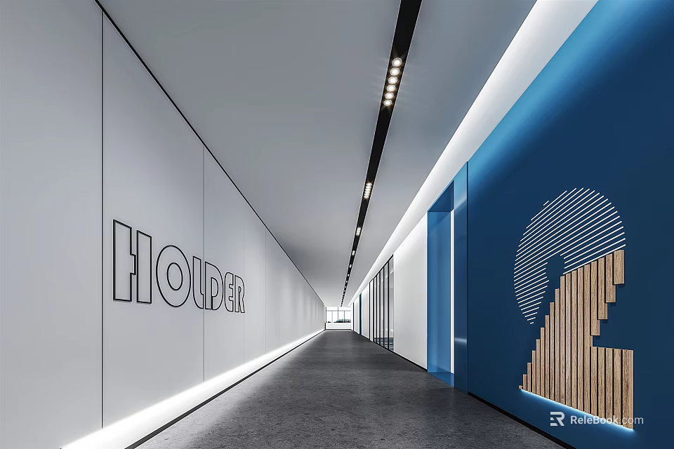 Modern Elevator Corridor With White And Blue Walls HOUDI Lettering Wooden Decoration And Gray Floor 3d model 