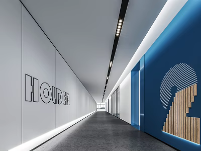 Modern Elevator Corridor With White And Blue Walls HOUDI Lettering Wooden Decoration And Gray Floor 3d model